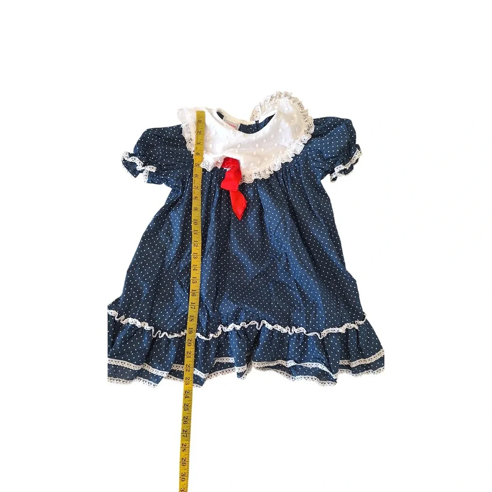 Vintage Roanna Girls Polka Dot Dress Navy Blue White Lace Red Bow Size 6 USA